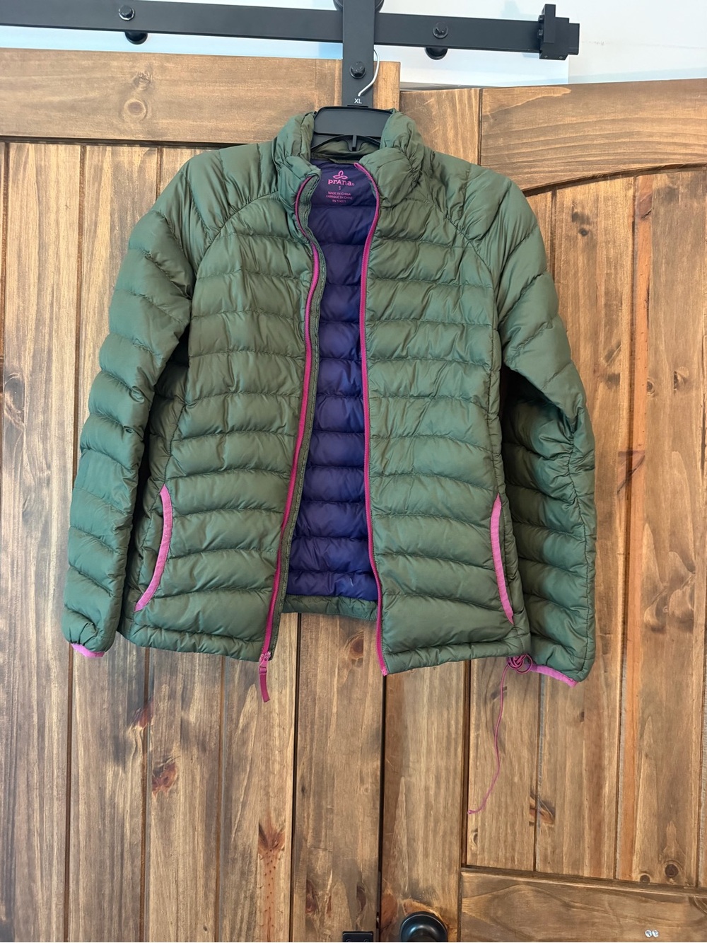 prAna down jacket in olive green size small